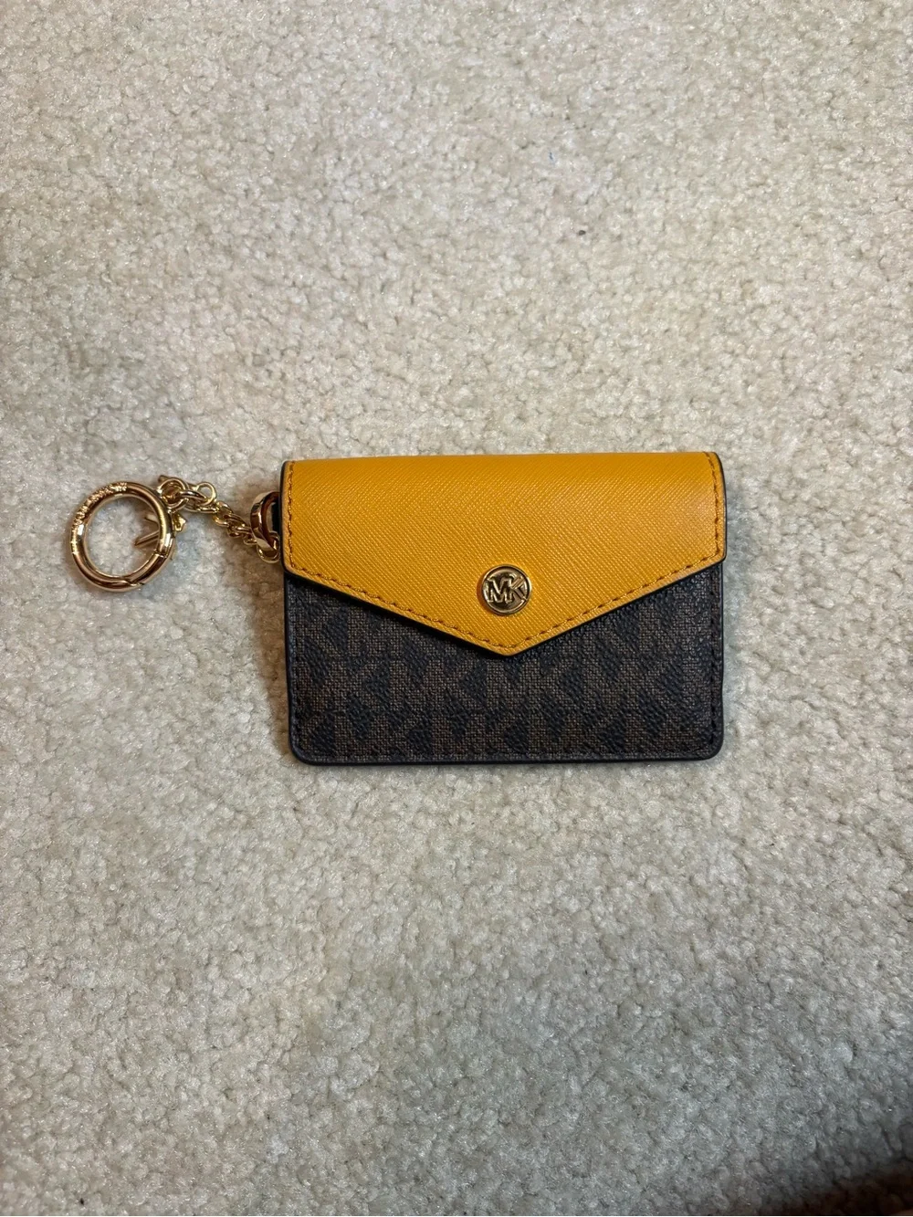 Michael Kors Mustard Yellow & Brown Logo Card Case Keychain